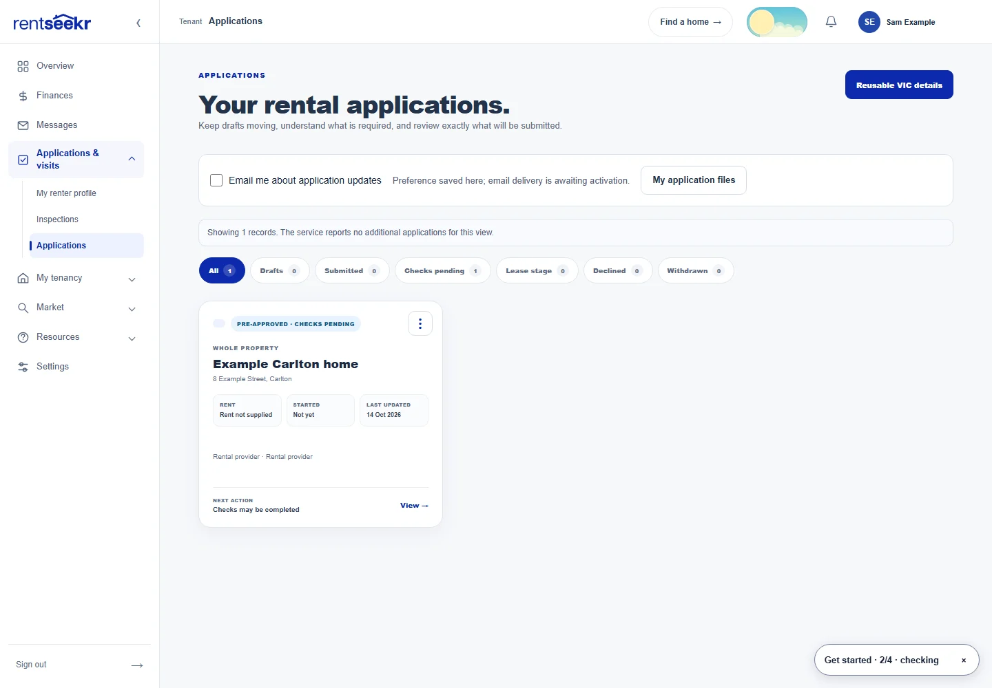 RentSeekr Applications in Light appearance, showing synthetic example records in the actual application.