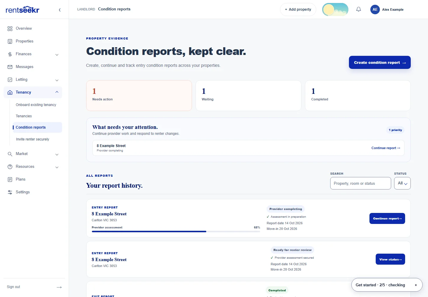 RentSeekr Condition reports in Light appearance, showing synthetic example records in the actual application.