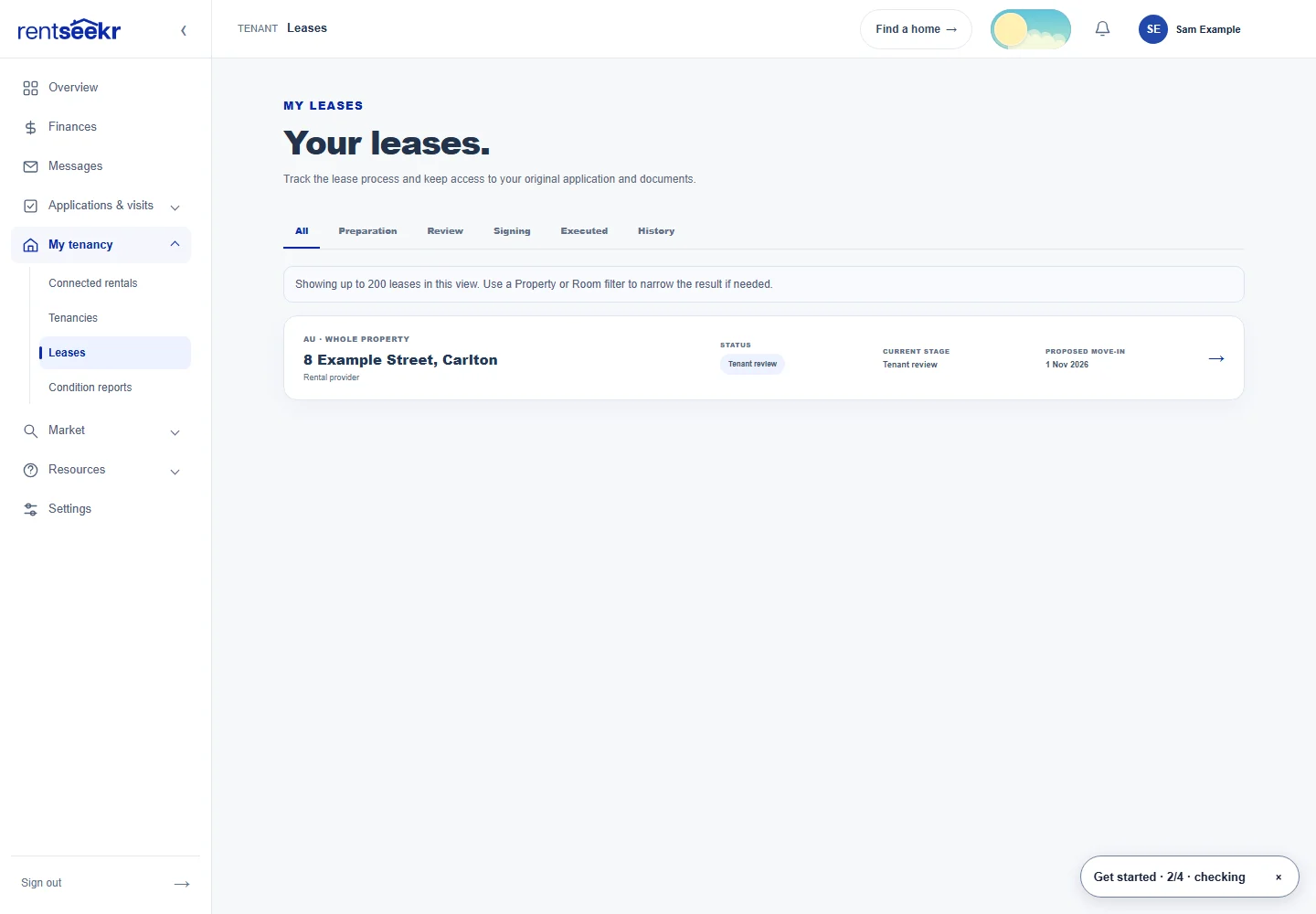 RentSeekr Lease agreements in Light appearance, showing synthetic example records in the actual application.