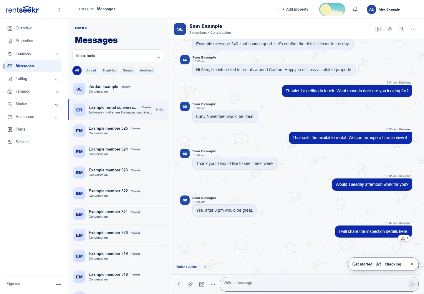 RentSeekr messaging workspace with a conversation linked to an example rental property