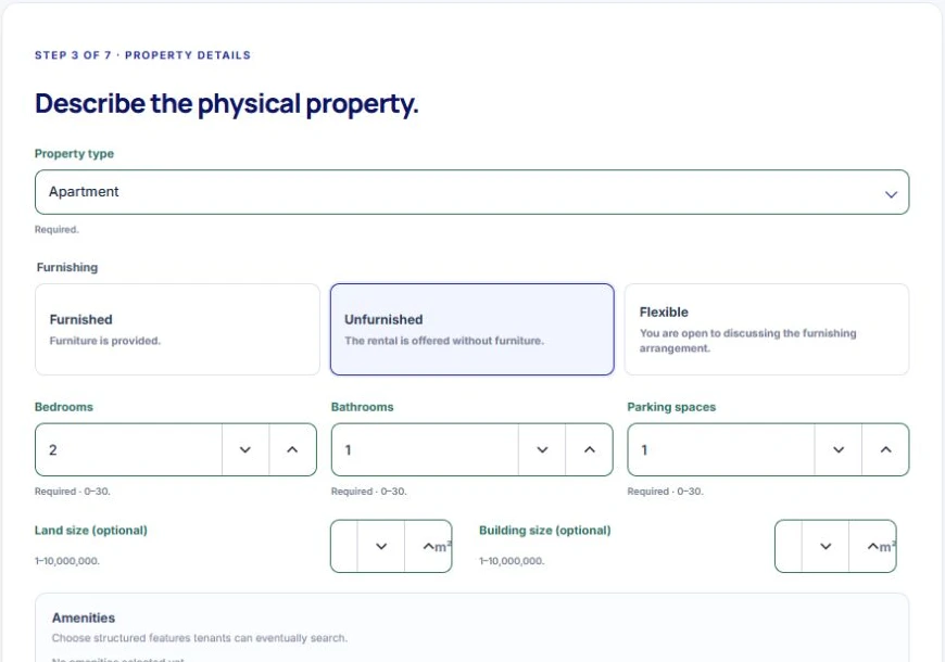 RentSeekr Property creation form in Light appearance, showing synthetic example records in the actual application.