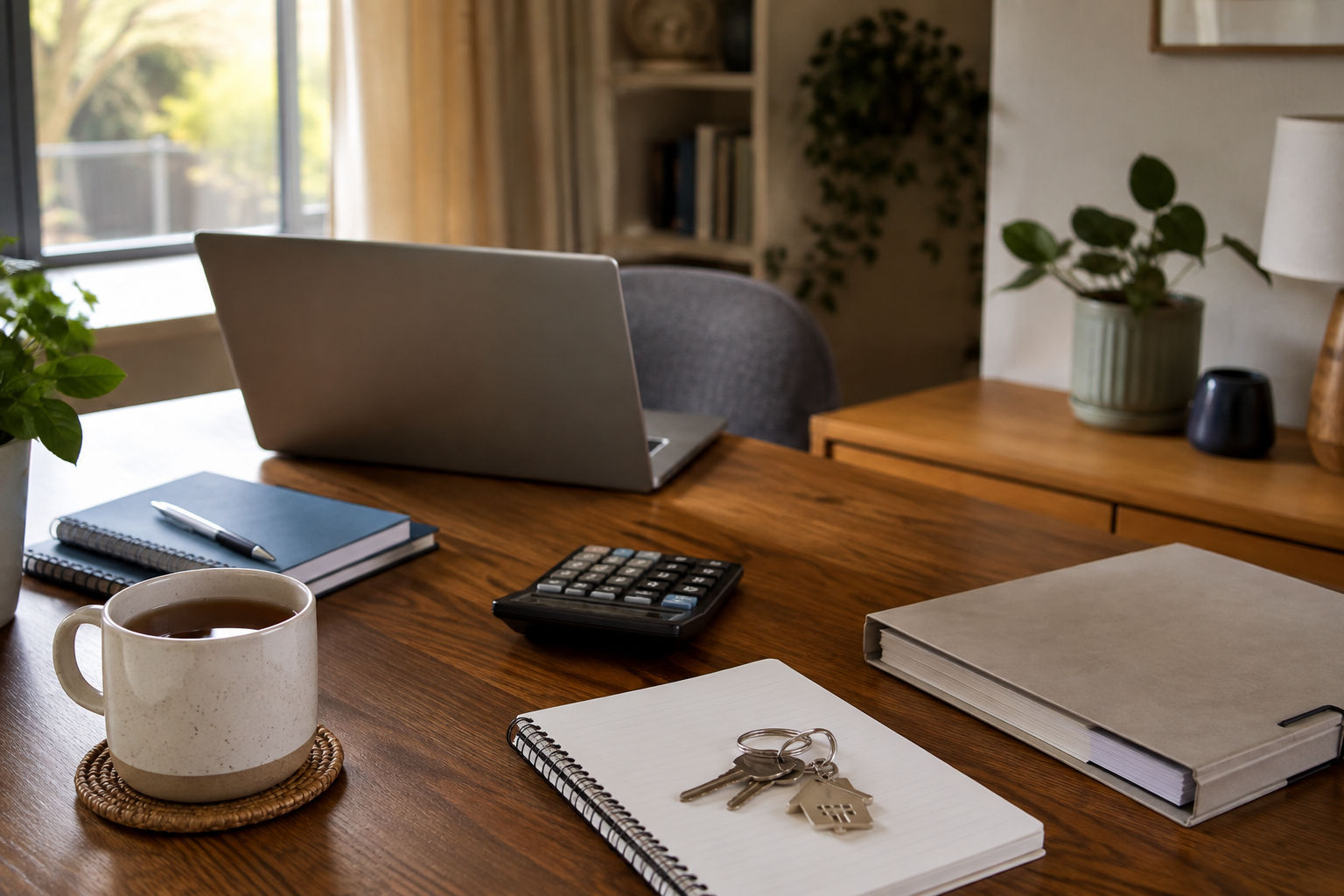 A calculator, keys and a property folder arranged on a timber desk in a calm home office.