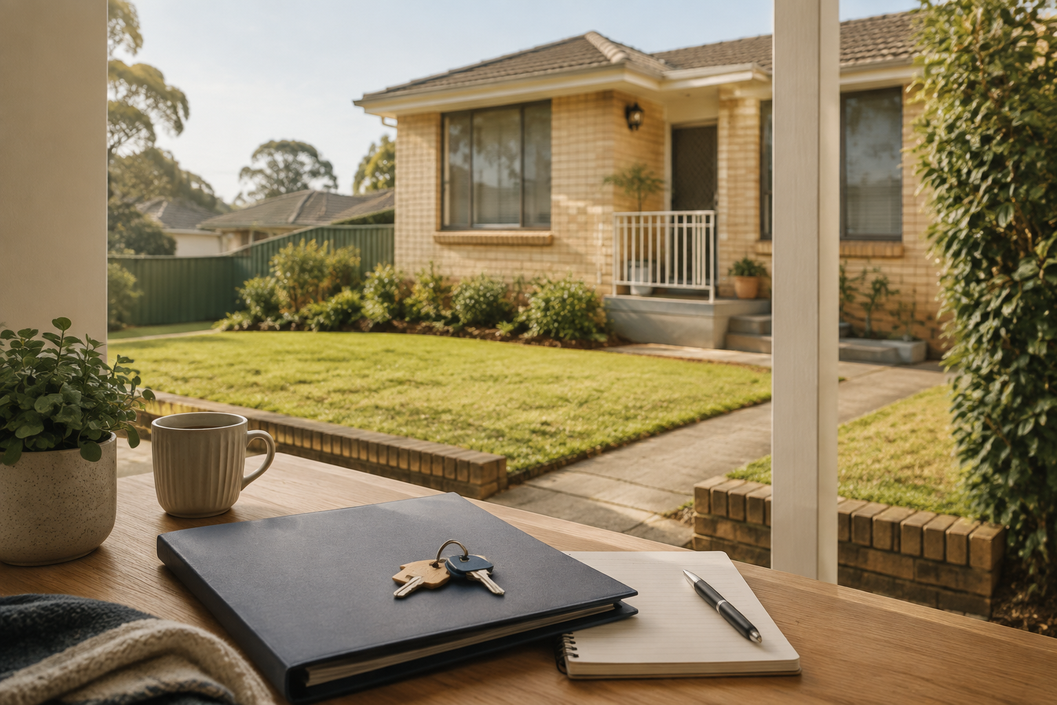 A rental home viewed from a porch with keys and a property folder on a timber table.