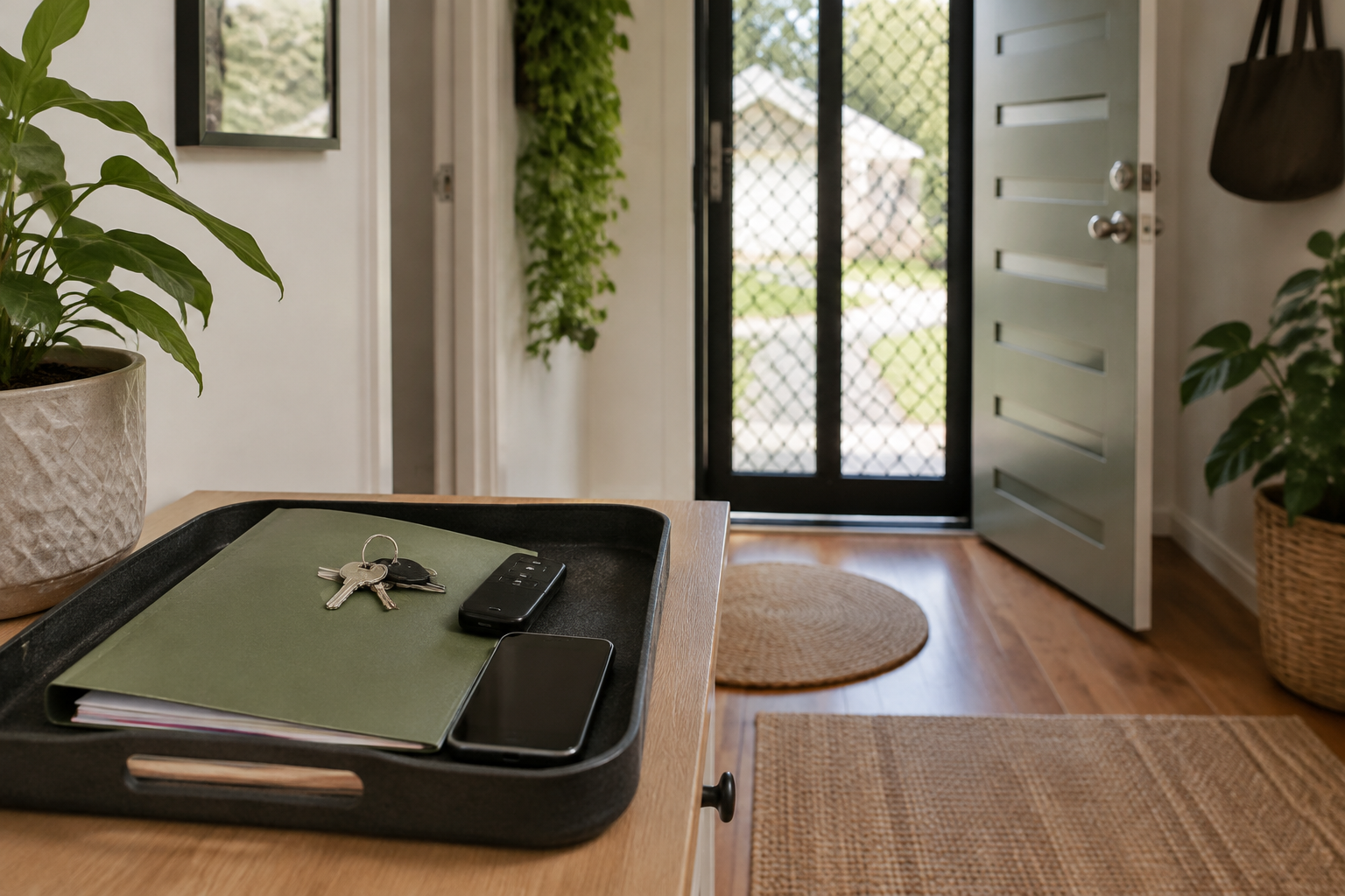 A handover tray with keys, a remote, a phone and a property folder beside a rental entry.