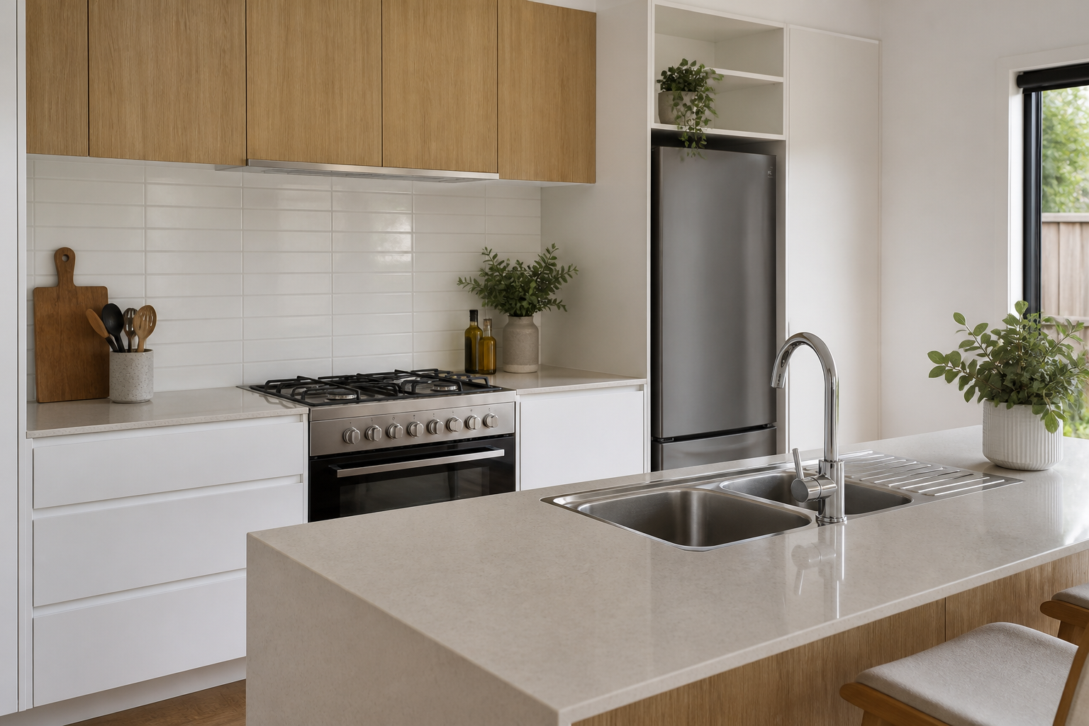 A clean contemporary rental kitchen with clear benches, a tidy sink and practical appliances.