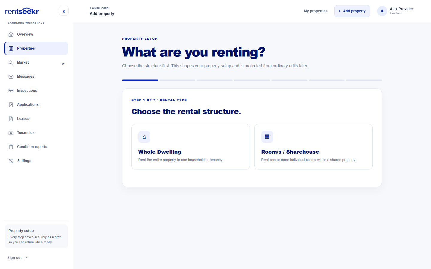 The current RentSeekr property setup screen asking whether the landlord is renting a whole dwelling or individual rooms.