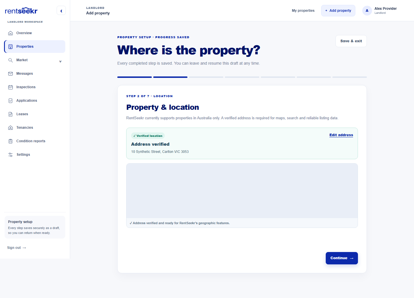 The current RentSeekr location step showing a Google-verified synthetic Australian address and map preview.