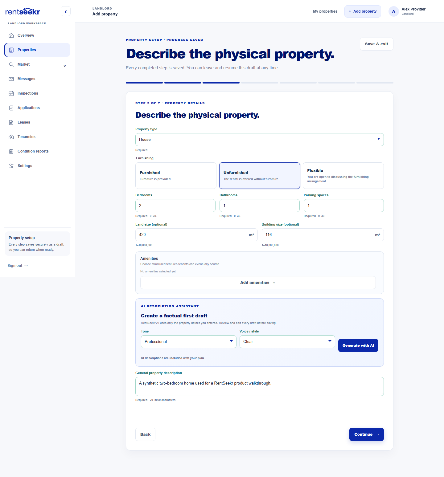 The current RentSeekr property details step with structured facts and the optional AI Description Assistant.