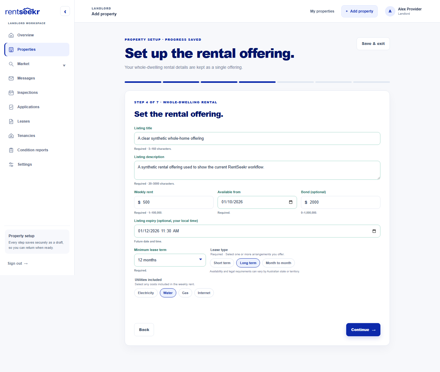 The current RentSeekr whole-dwelling rental step with listing title, description, price, availability and lease choices.