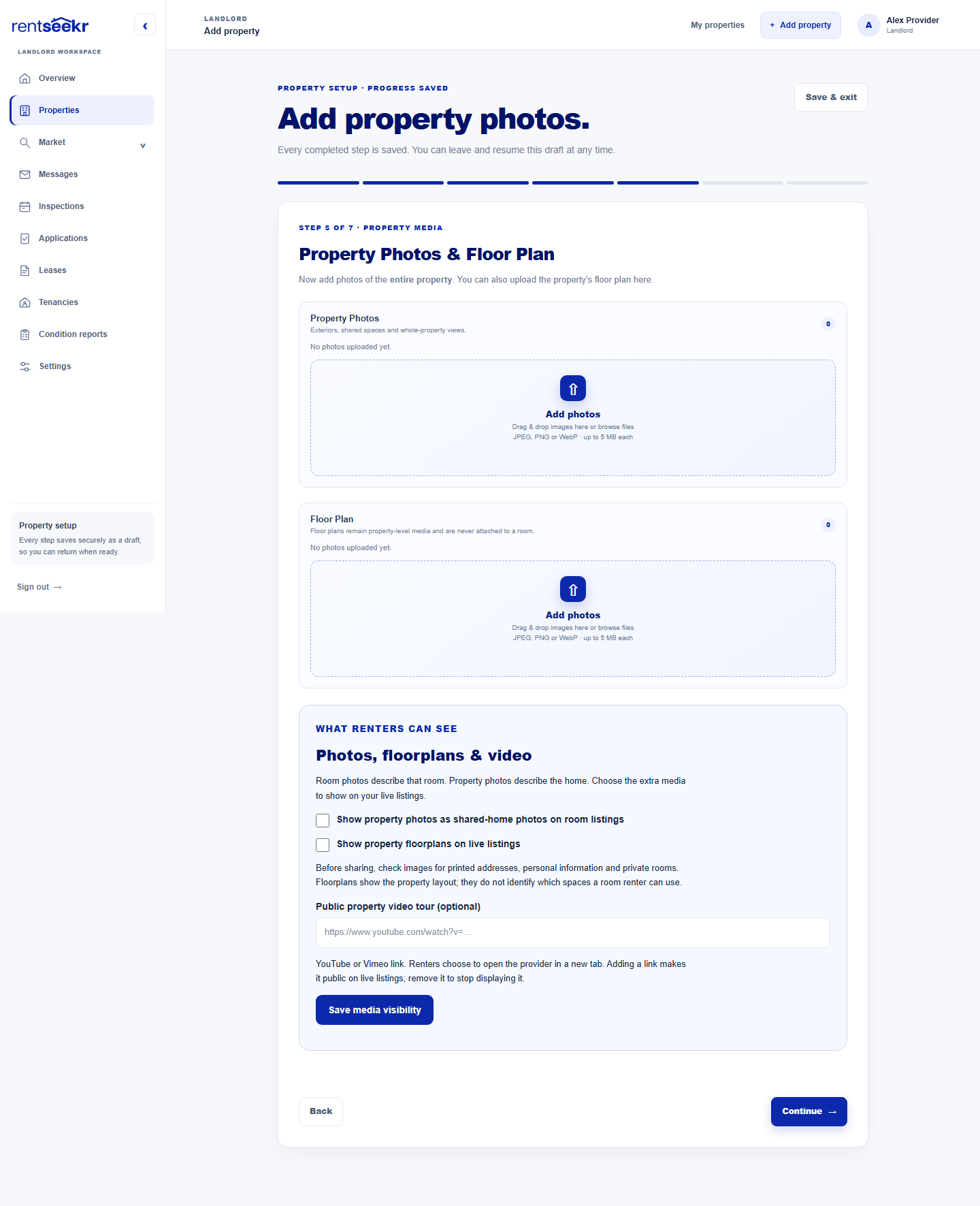 The current RentSeekr property media step with separate property photos, floor plan and renter-visibility controls.