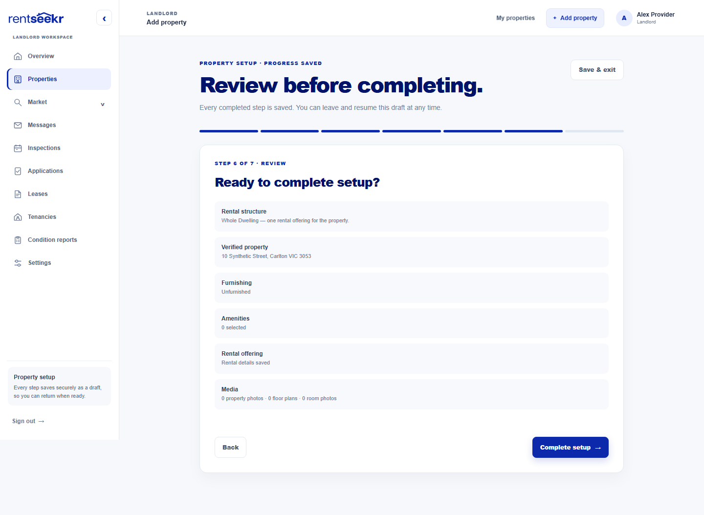 The current RentSeekr property setup review screen summarising the rental structure, verified property, offer and media.