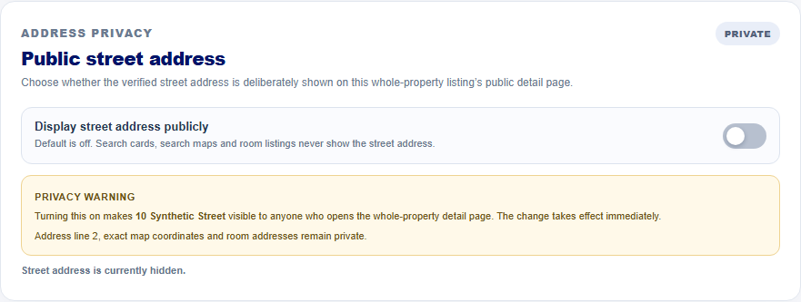 The current RentSeekr property editor showing the default-private public street address switch and privacy warning.