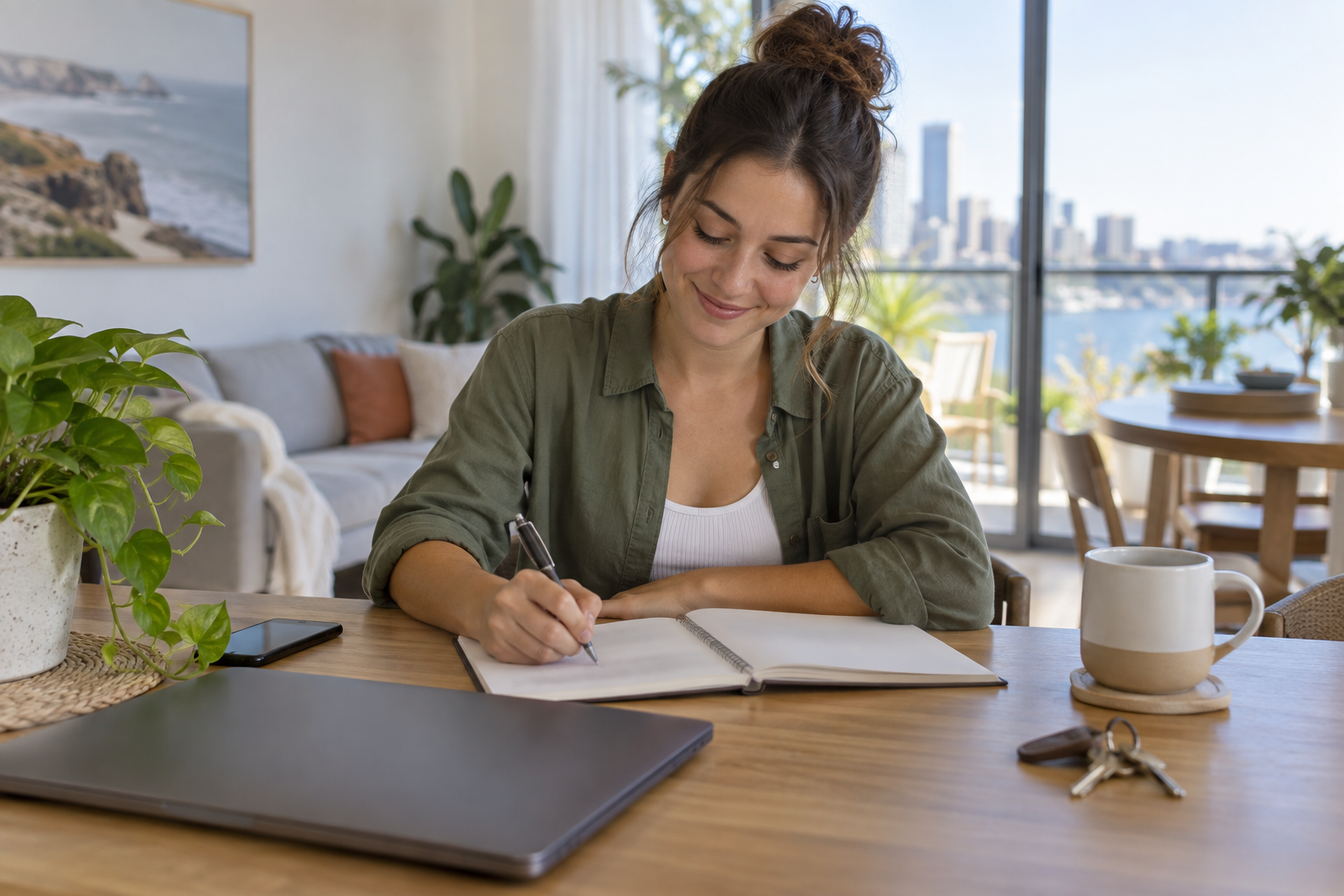 A renter preparing a personal rental profile on paper beside a phone and house keys