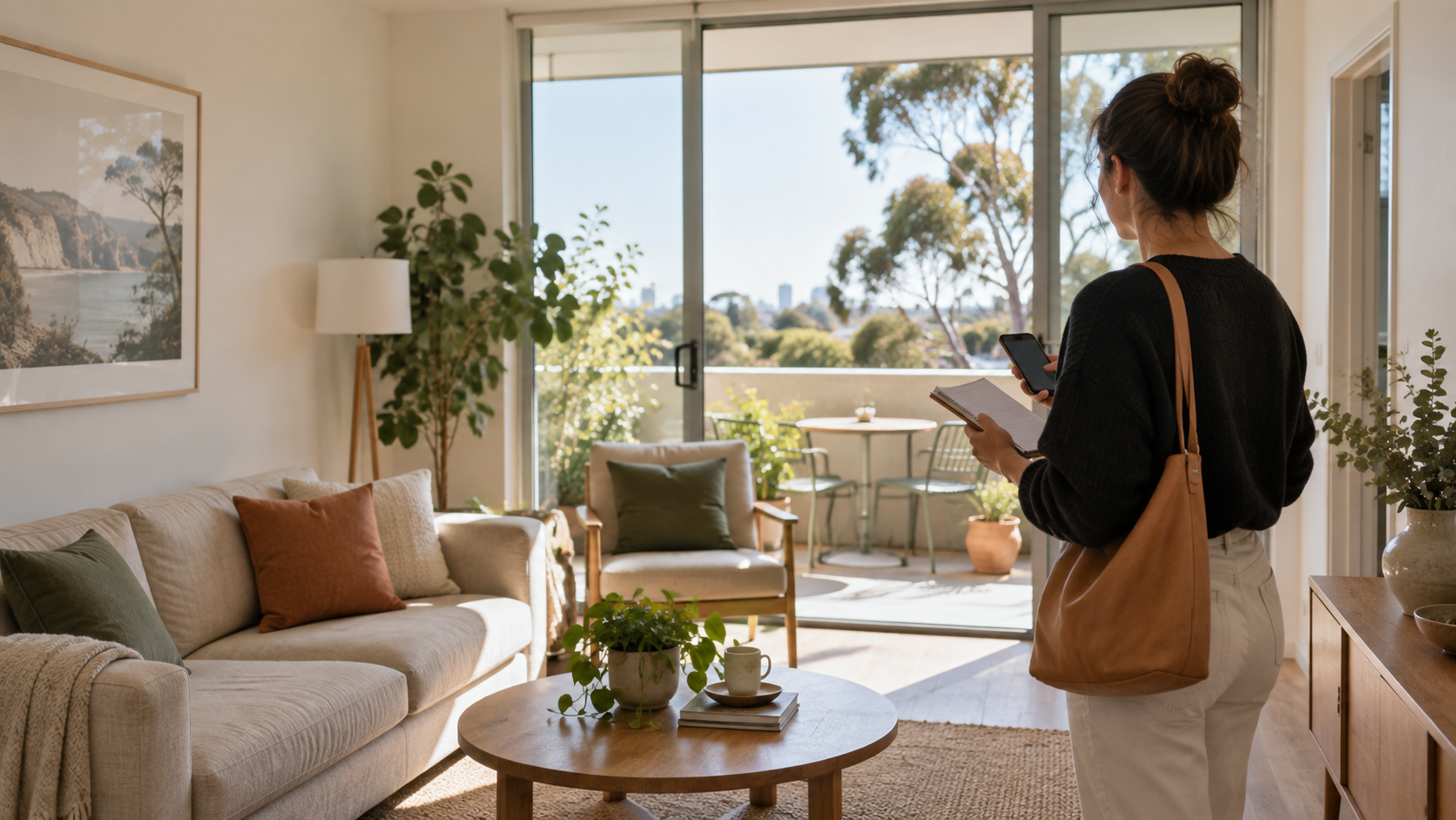 A renter inspecting a bright Australian apartment with a notebook and phone before applying
