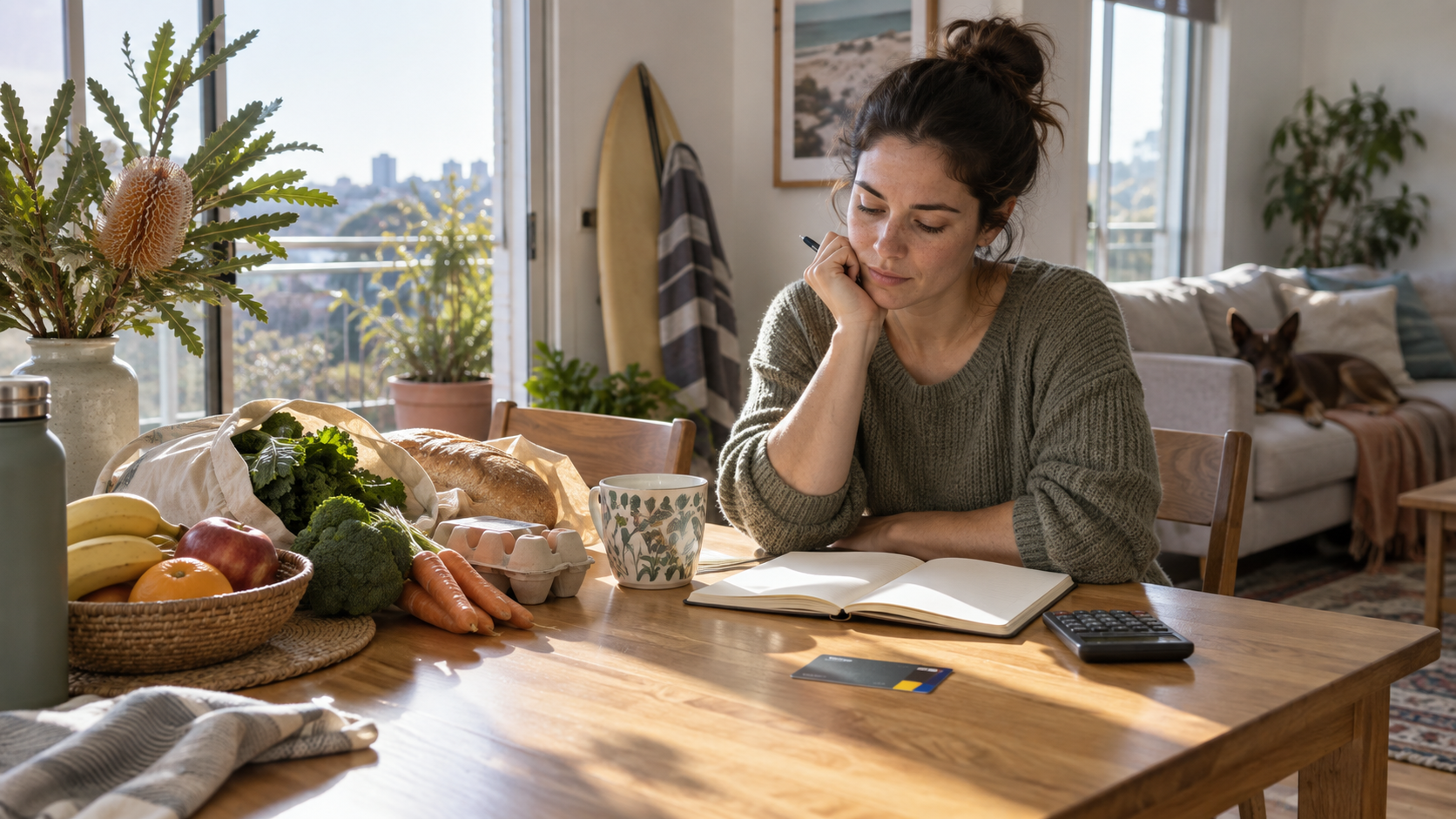 A renter planning a weekly housing budget with a calculator and notebook at an Australian kitchen table