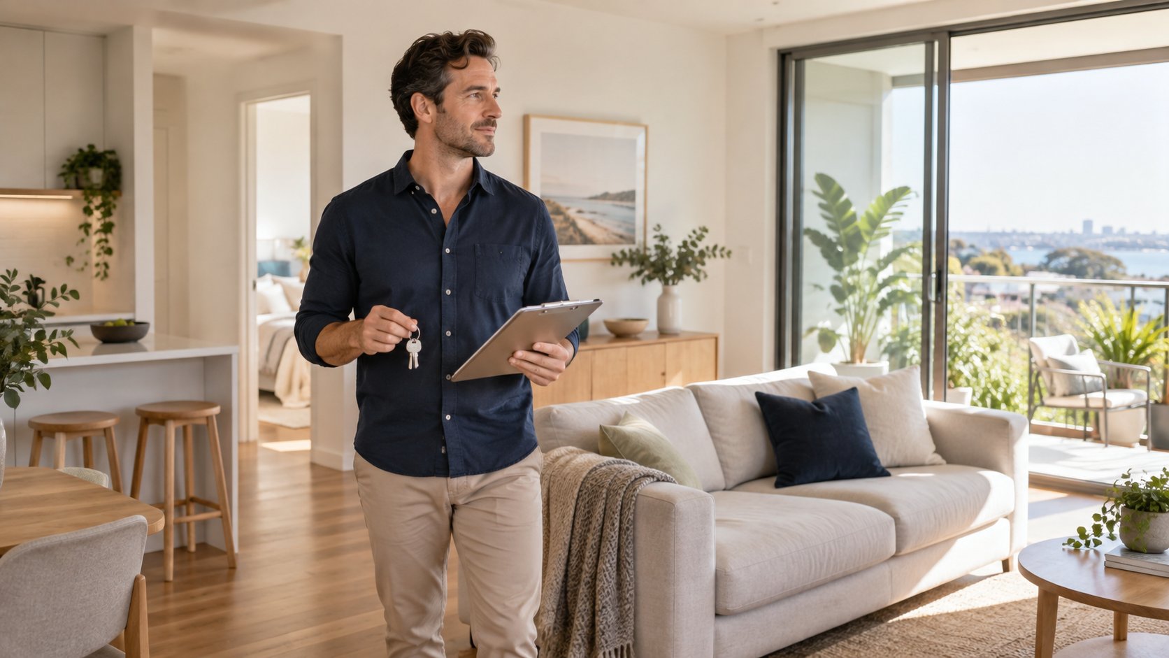 An Australian landlord preparing a bright rental home for a new tenant with keys and a property checklist