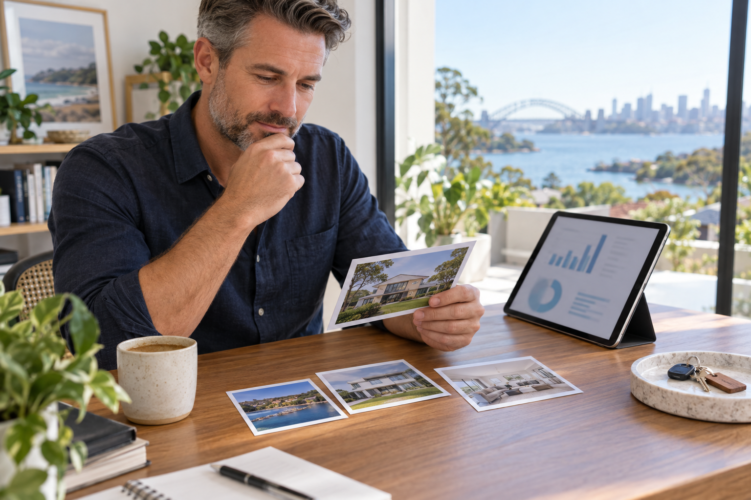 A landlord comparing similar Australian rental properties on a large market board