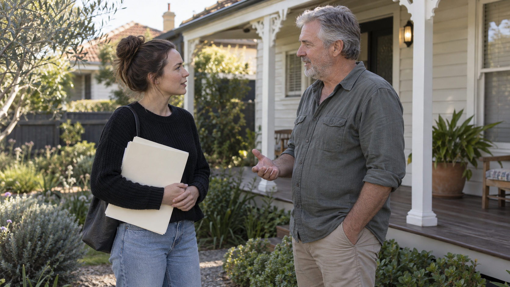 A renter meeting a private landlord outside an Australian rental home to review an agreement