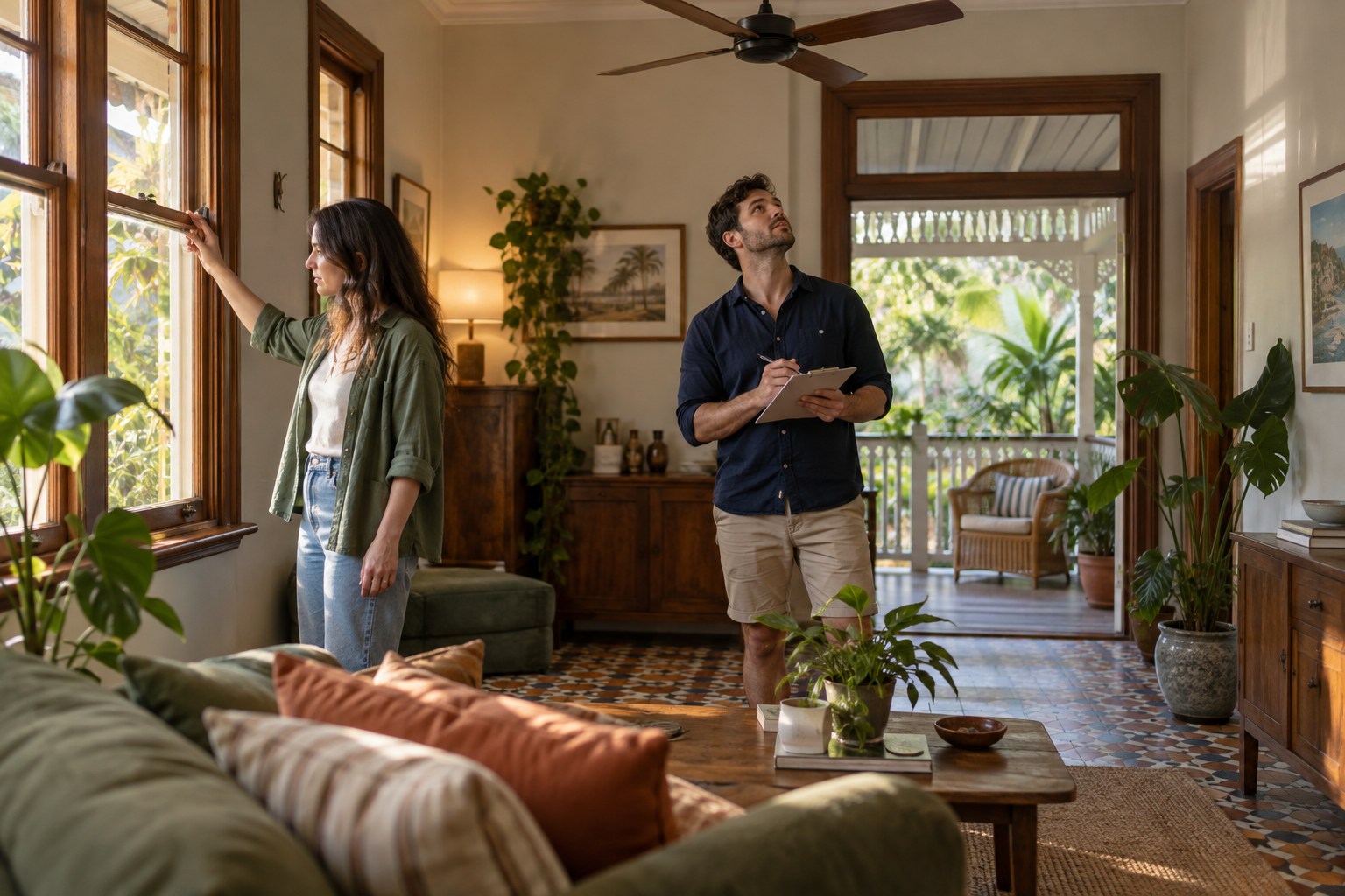 Two renters checking a window and ceiling fan inside a Queenslander-style Australian rental home