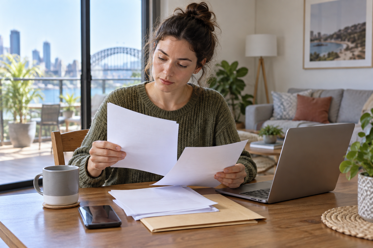 A renter reviewing income and reference documents beside a simple folder in an Australian home