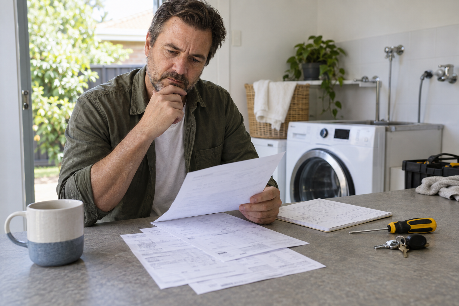 A landlord checking a repair invoice and maintenance notes for an Australian rental