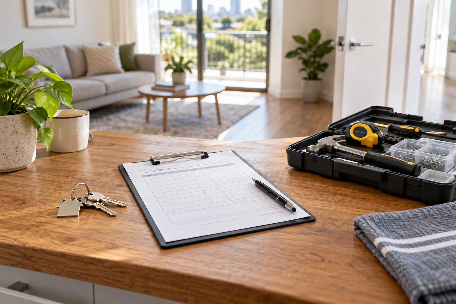 A landlord organising keys, repair notes and handover details for an Australian rental