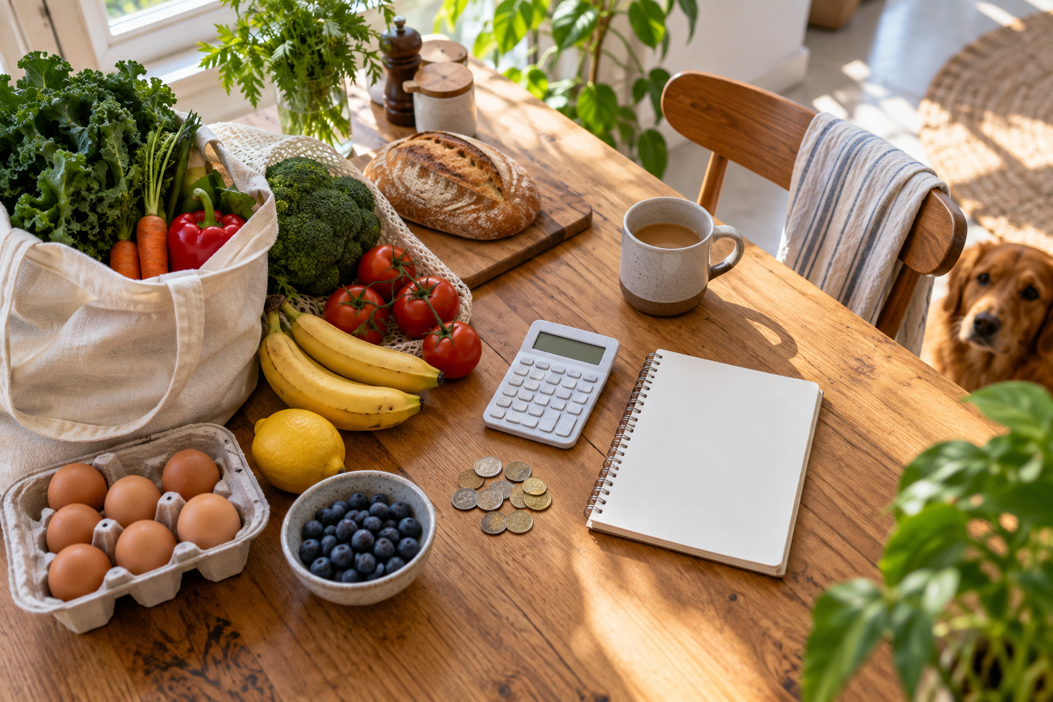 A renter organising weekly income and household expenses beside a simple calculator