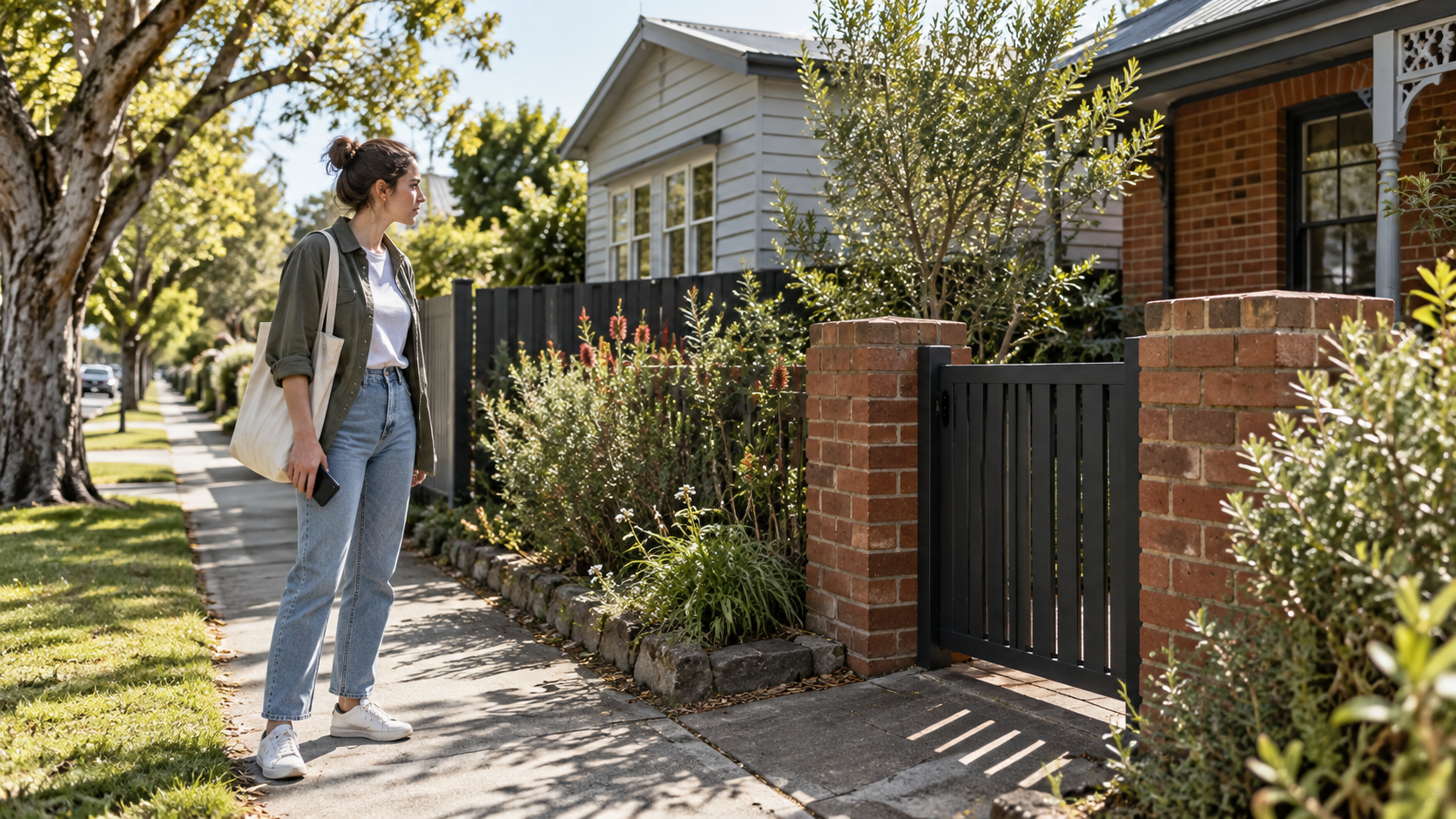 A renter checking a property listing from an Australian terrace gate before paying a deposit