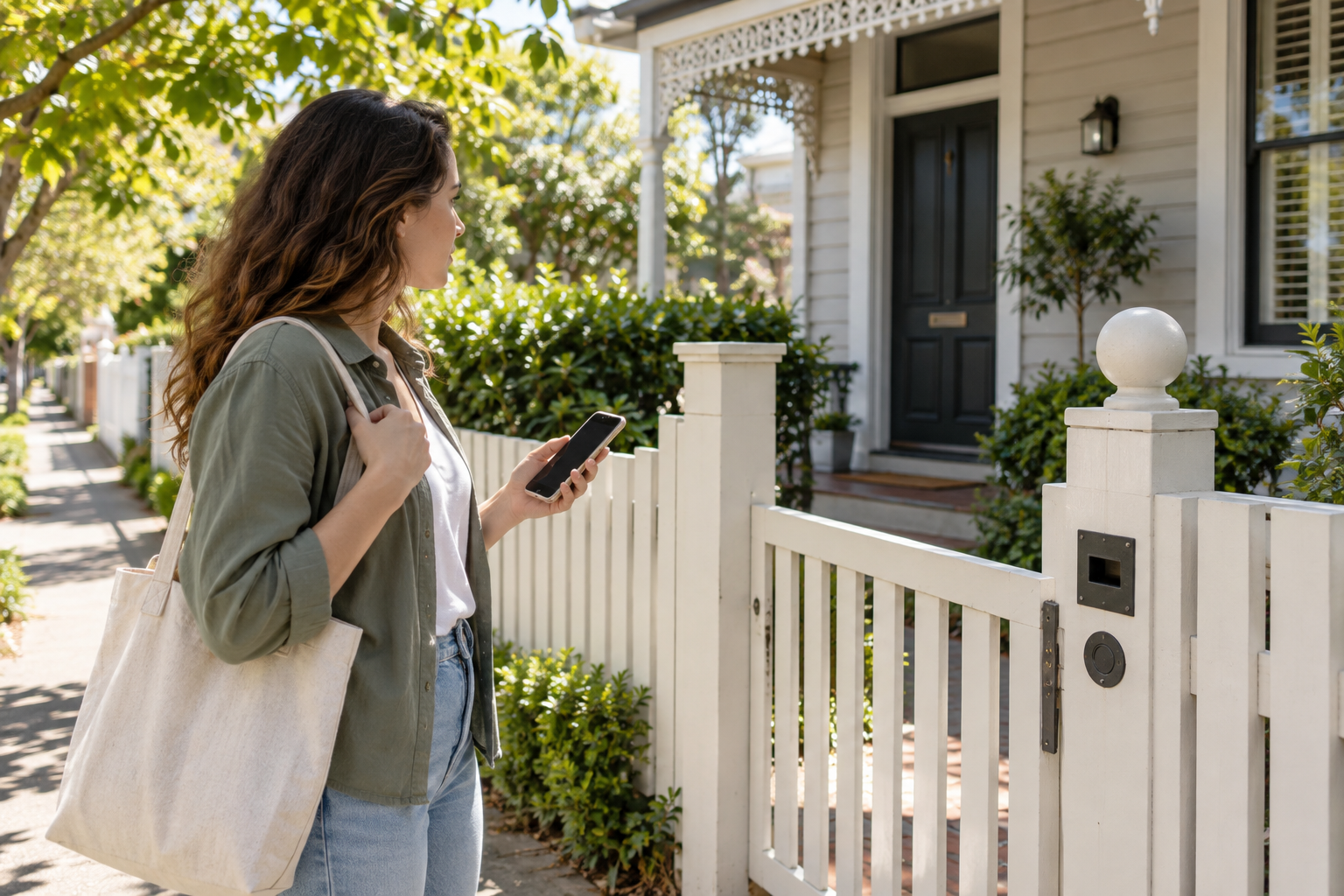 A renter verifying a private rental listing and owner contact details outside an Australian terrace
