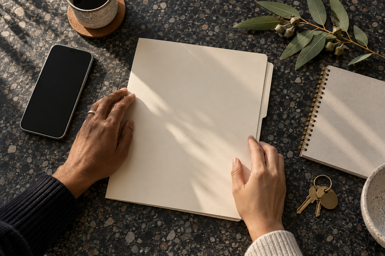 Hands arranging a blank rental application folder with a phone, notebook and keys on a dark stone table