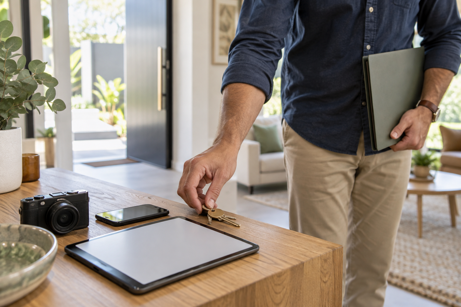An Australian landlord checking a clean rental living room with keys, a tablet and a property preparation checklist