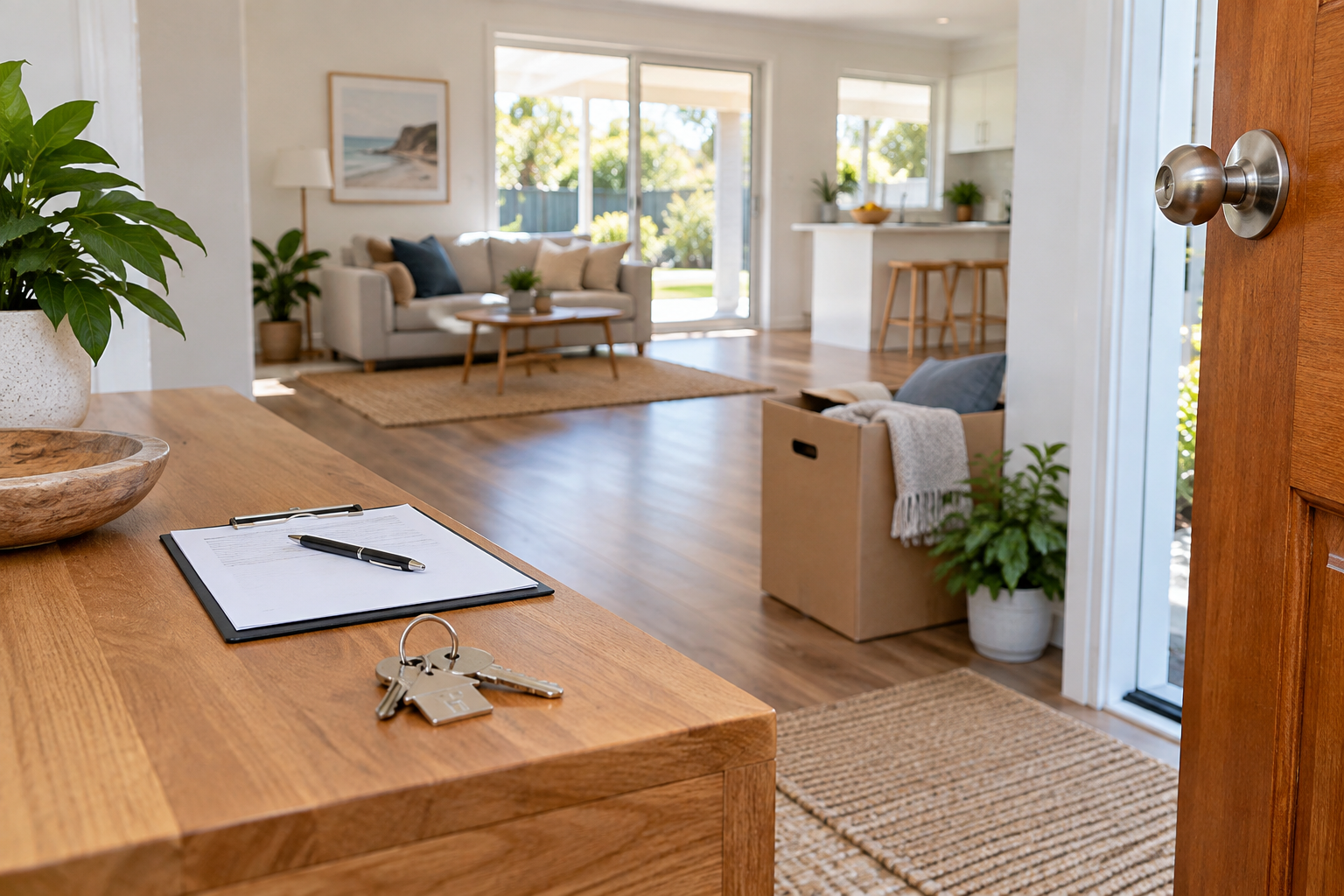 A landlord preparing keys, cleaning and inspection records for a rental property changeover