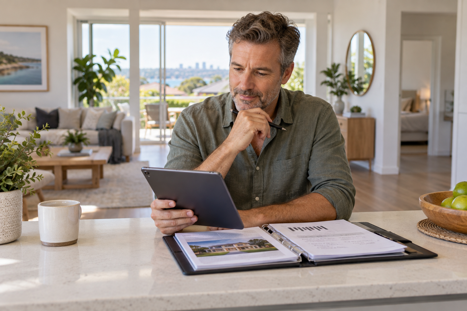A landlord reviewing Australian rental market data and comparable property notes at a desk