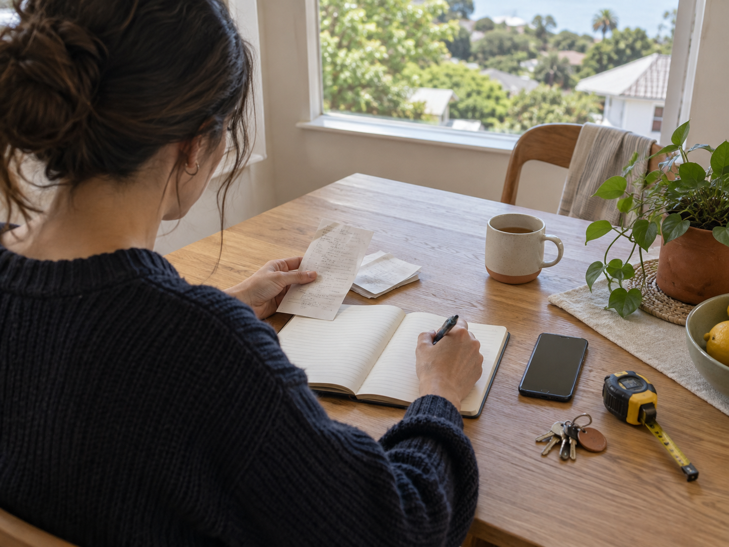 A renter comparing rental costs, notes and practical questions at a table after an inspection