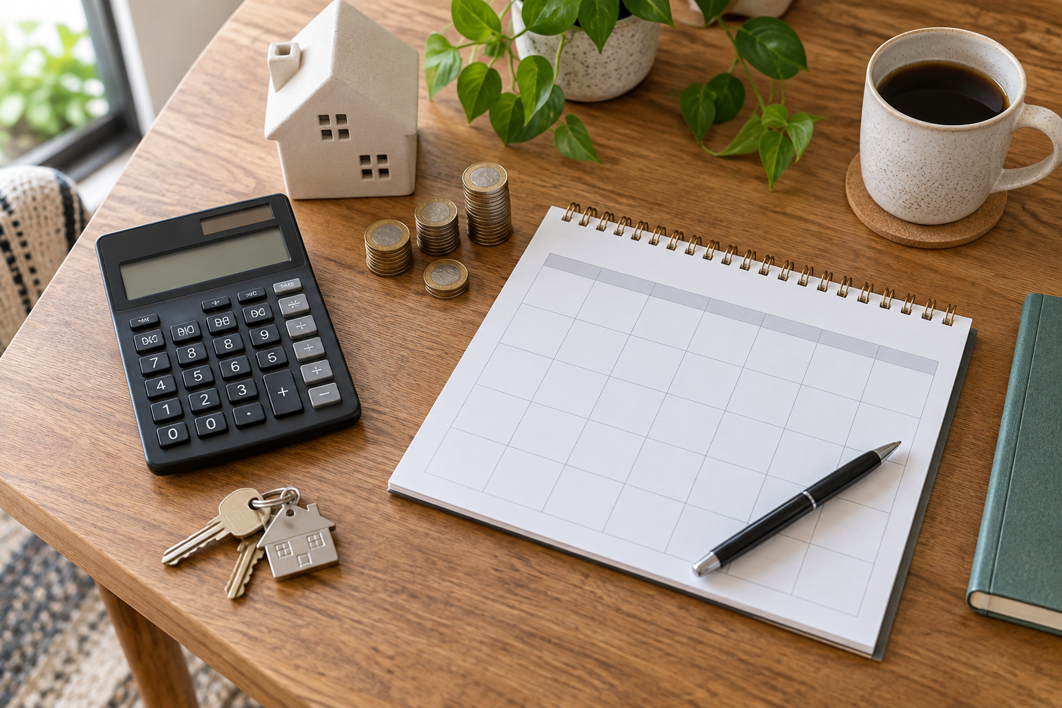 A landlord sorting recurring rental property expenses beside a calculator and calendar
