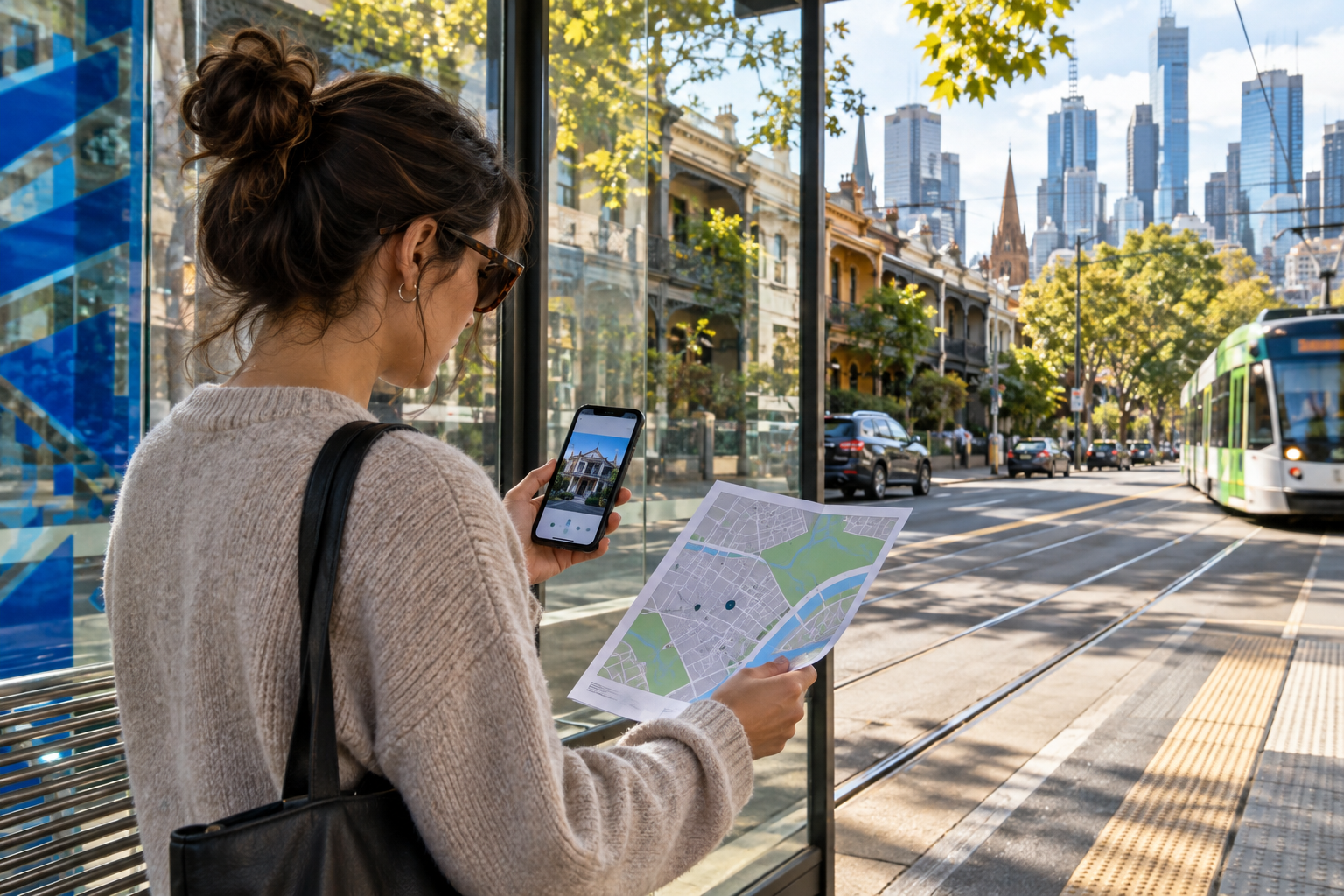 A renter checking an Australian rental listing and property details on a phone beside a front gate