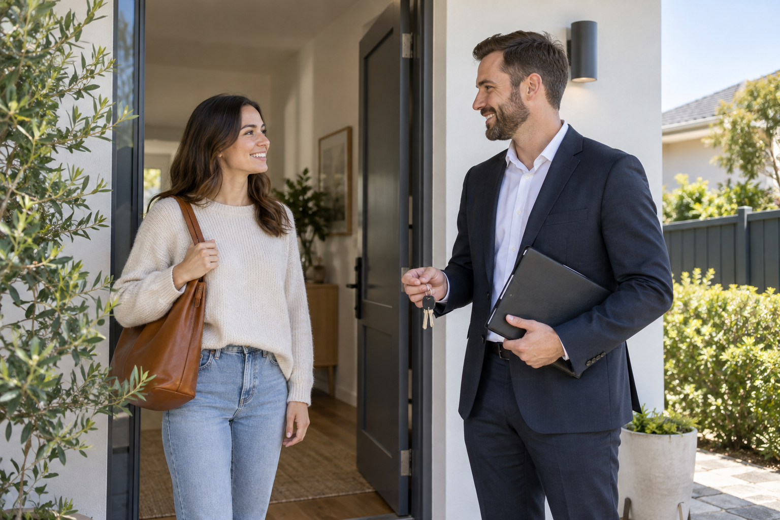 A renter speaking with a verified property contact outside an Australian rental home