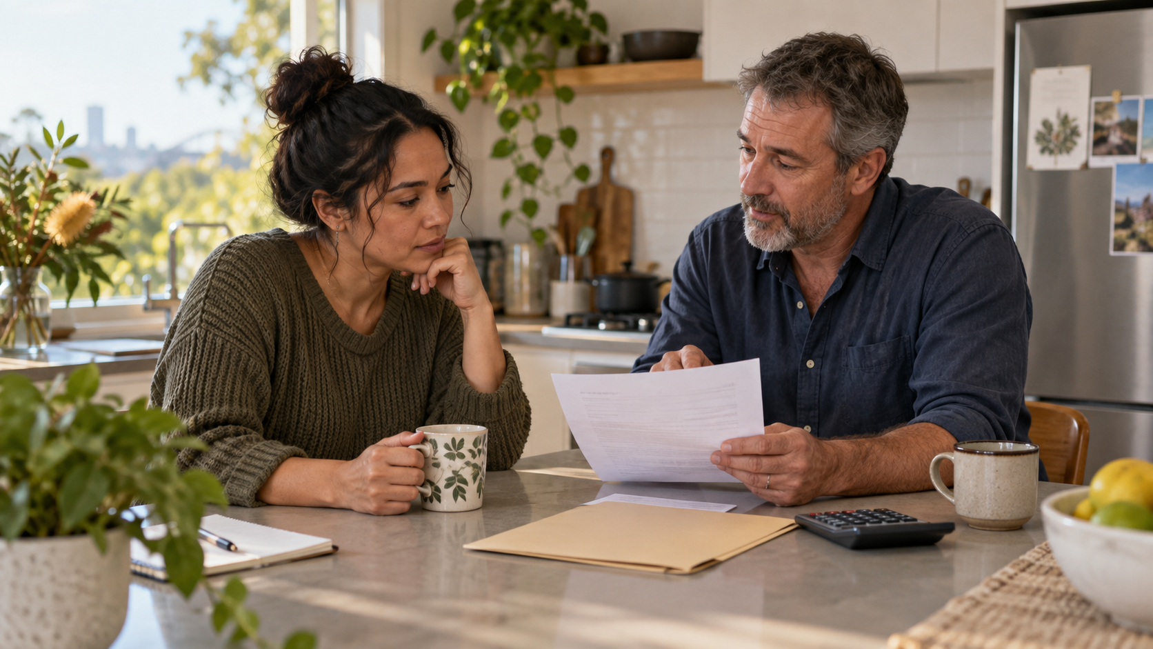 A tenant and landlord reviewing a rent increase notice at a kitchen table in an Australian rental home