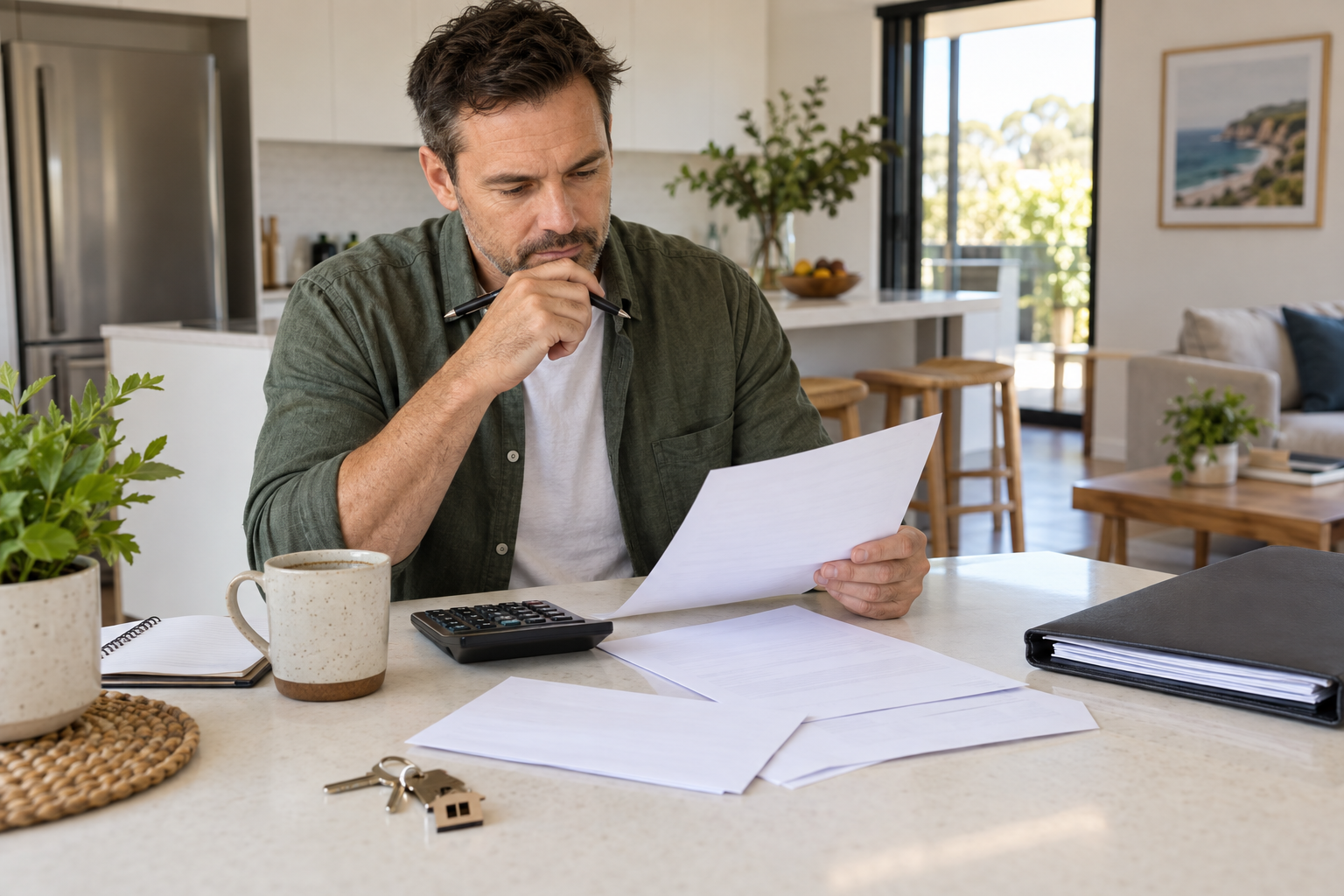 A landlord reviewing rental property cash flow notes, bills and a calculator at a kitchen table