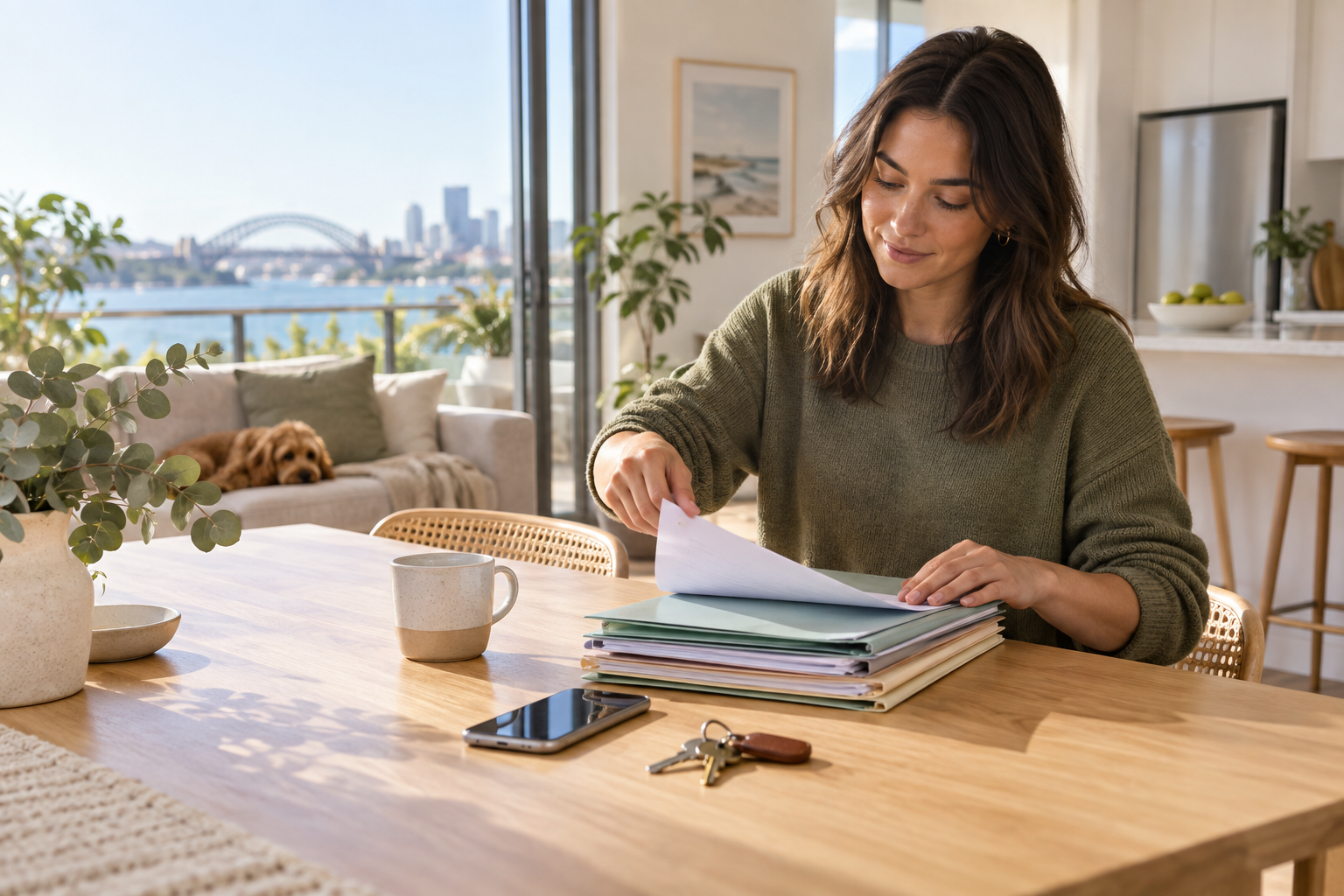 A renter organising application documents at a bright Australian kitchen table before applying for a home