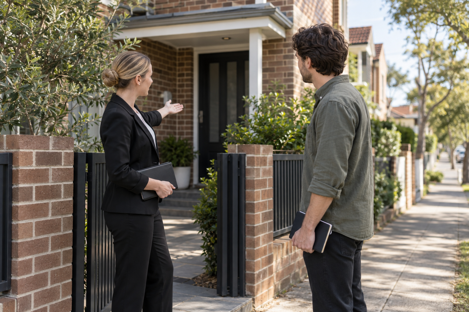 A renter speaking with a property representative outside an Australian rental home before signing paperwork