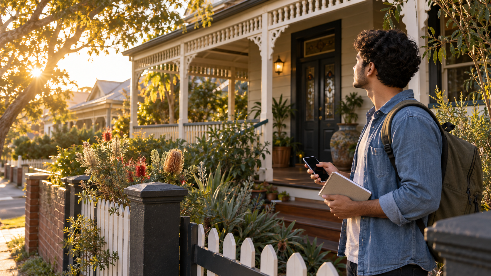 A first-time renter standing outside a leafy Australian terrace with a phone and notebook