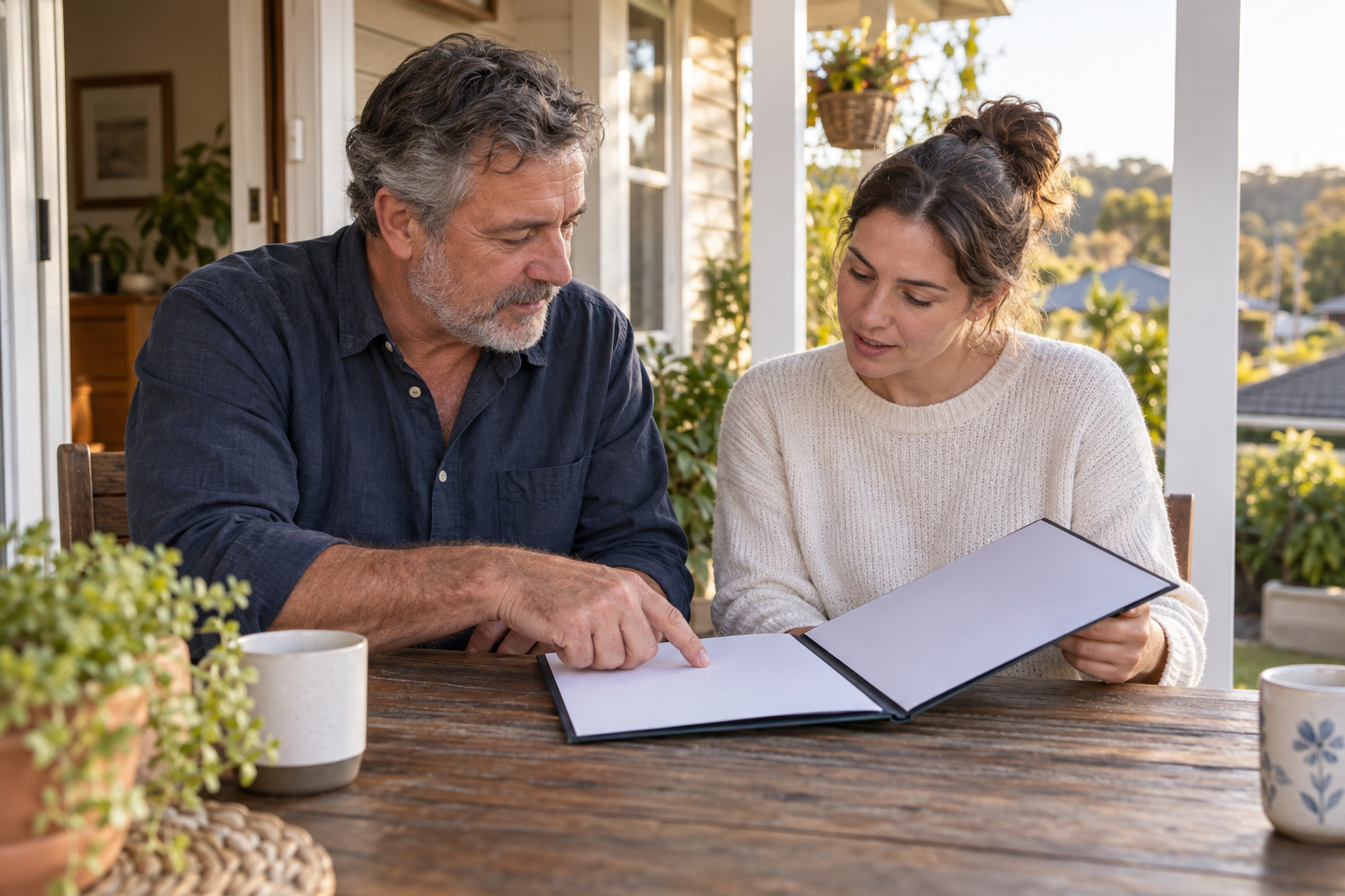 A renter and private landlord reviewing a blank written rental agreement at an Australian home