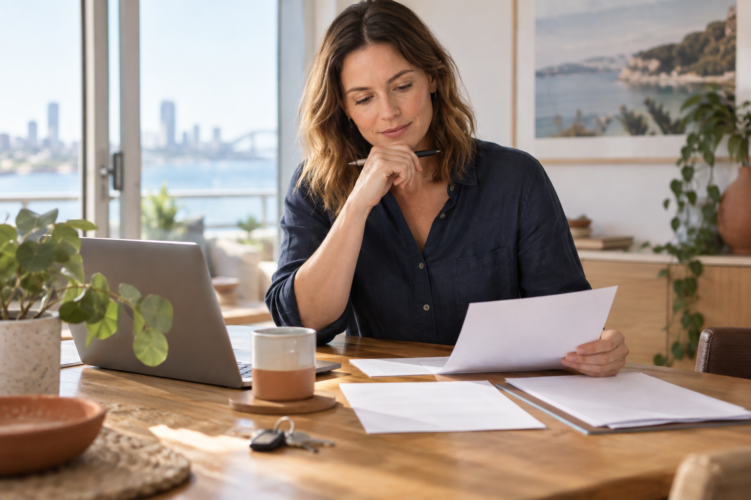 An Australian landlord comparing rental applications beside a simple property screening scorecard and house keys