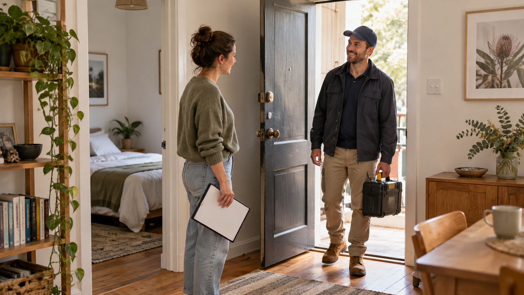 A renter reading a written rental inspection notice beside a Queenslander-style Australian home