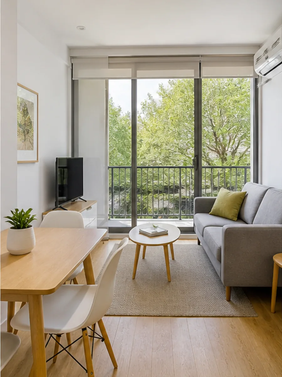 Bright apartment living space with leafy outlook