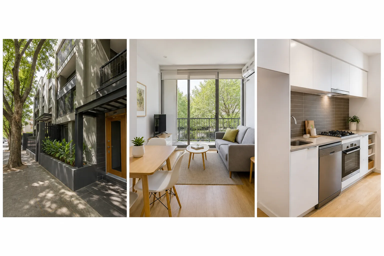 Illustrative three-panel RentSeekr showcase of a apartment