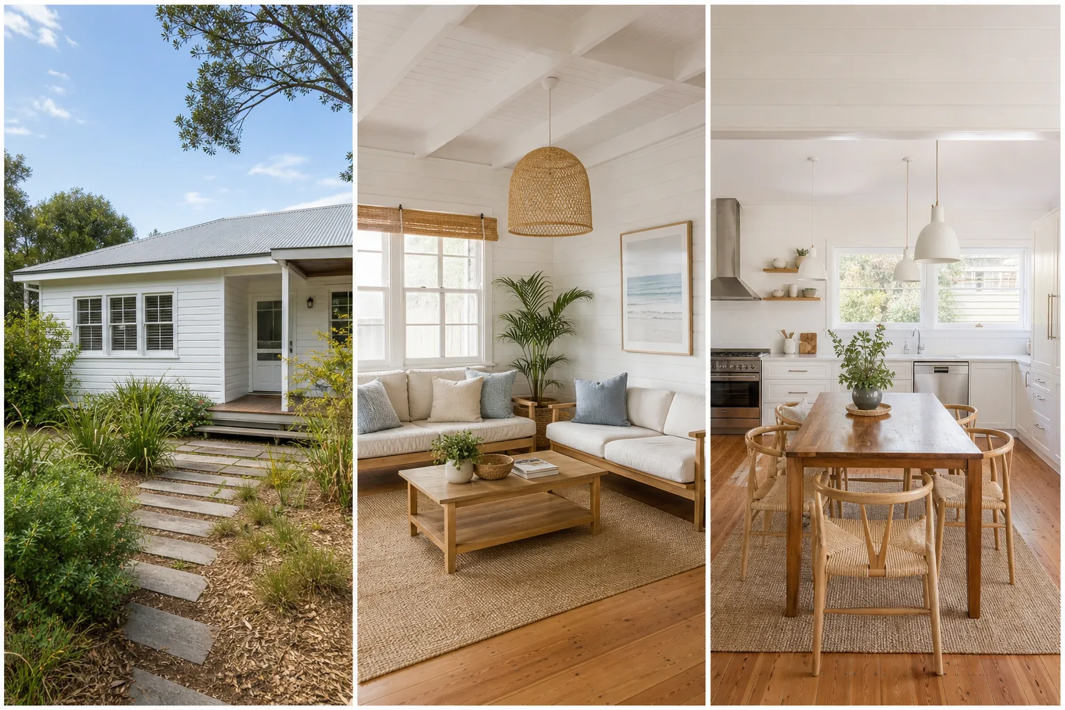 Illustrative three-panel RentSeekr showcase of a coastal home