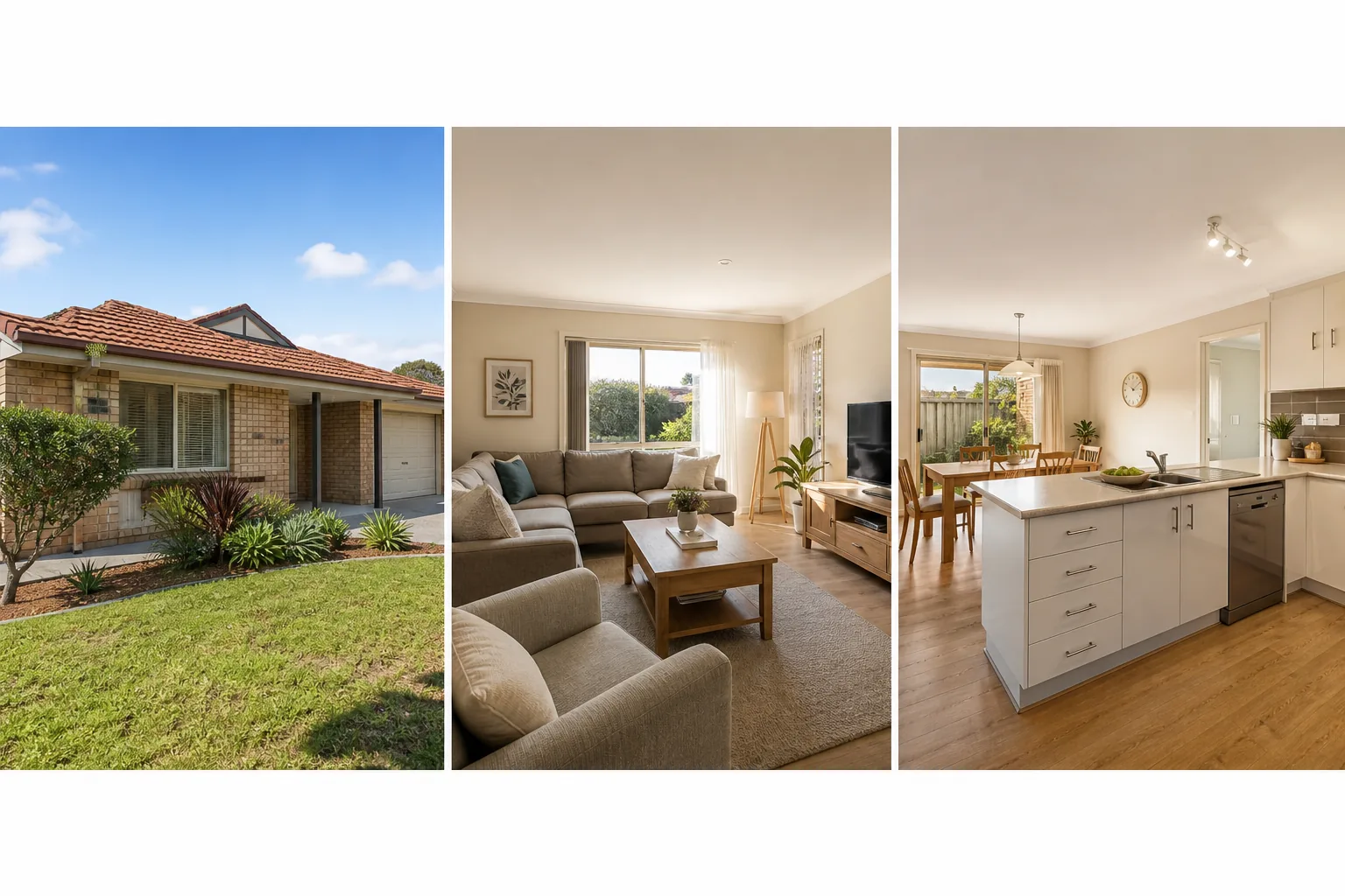 Illustrative three-panel RentSeekr showcase of a family home