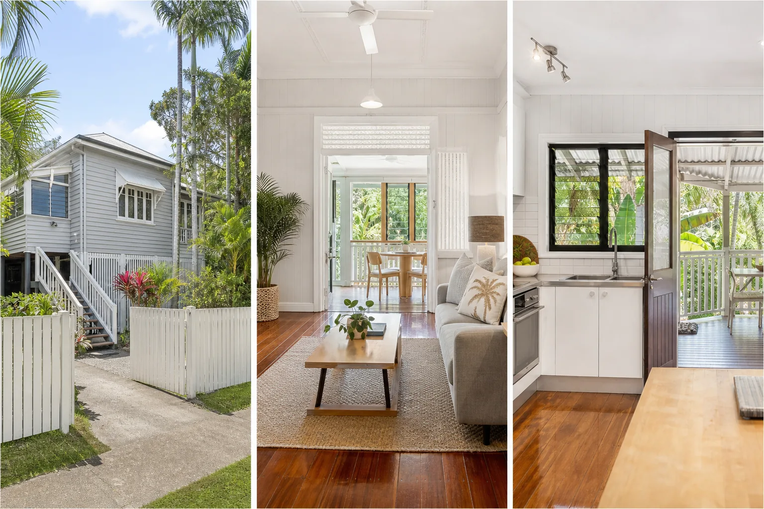Illustrative three-panel RentSeekr showcase of a Queenslander home